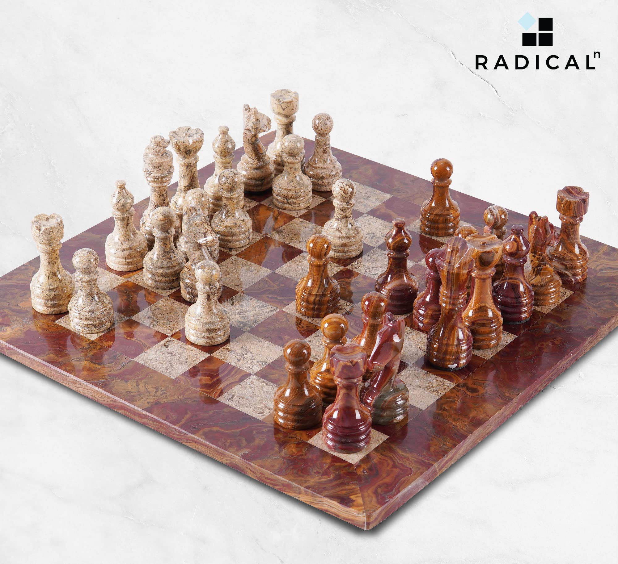 Radicaln Marble Chess Set 15 Inches Red & Coral Handmade Chess Sets 2 Player Games for Adults - 1 Chess Board & 32 Chess Pieces - Outdoor Games for Adults and Family