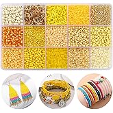 GorgGorho 15 Color 4mm Small Assorted Glass Seed Beads,3mm Bugle Beads Friendship Bracelet Kit,2mm Tiny Tube Bead for Jewelry Making(Yellow)