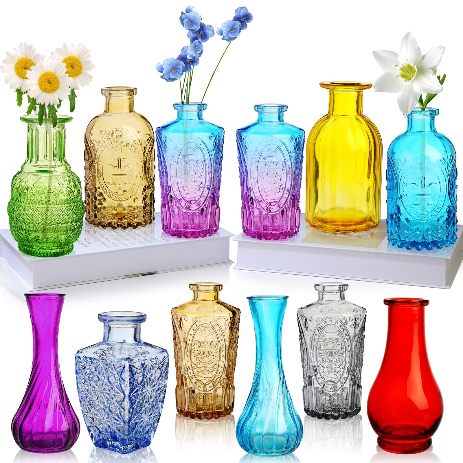 Colored Glass Bud Vase Set of 12,Small Vintage Bud Vases in Bulk,Mini Decor Vintage Vase for Centerpiece, Office, Garden, Home, Wedding Party
