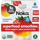 Noka Organic Superfood Smoothie Pouch, Strawberry Mango, Brain Support 6pk | 850mg Omega-3 Flax Seed, Organic Plant Protein, No Added Sugar, Vegan, Gluten Free, Healthy Snacks, Shelf Stable