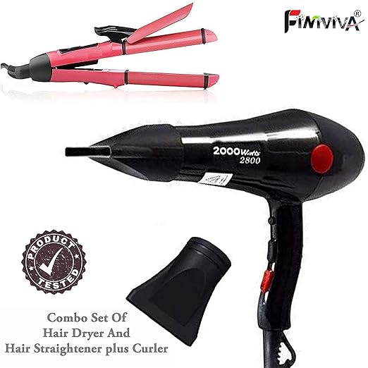 FINIVIVA 2 in 1 Hair Styling Kit with Pink Hair Straightener Curler and 2000 Watt Black Big Hair Dryer Combo Set for Women