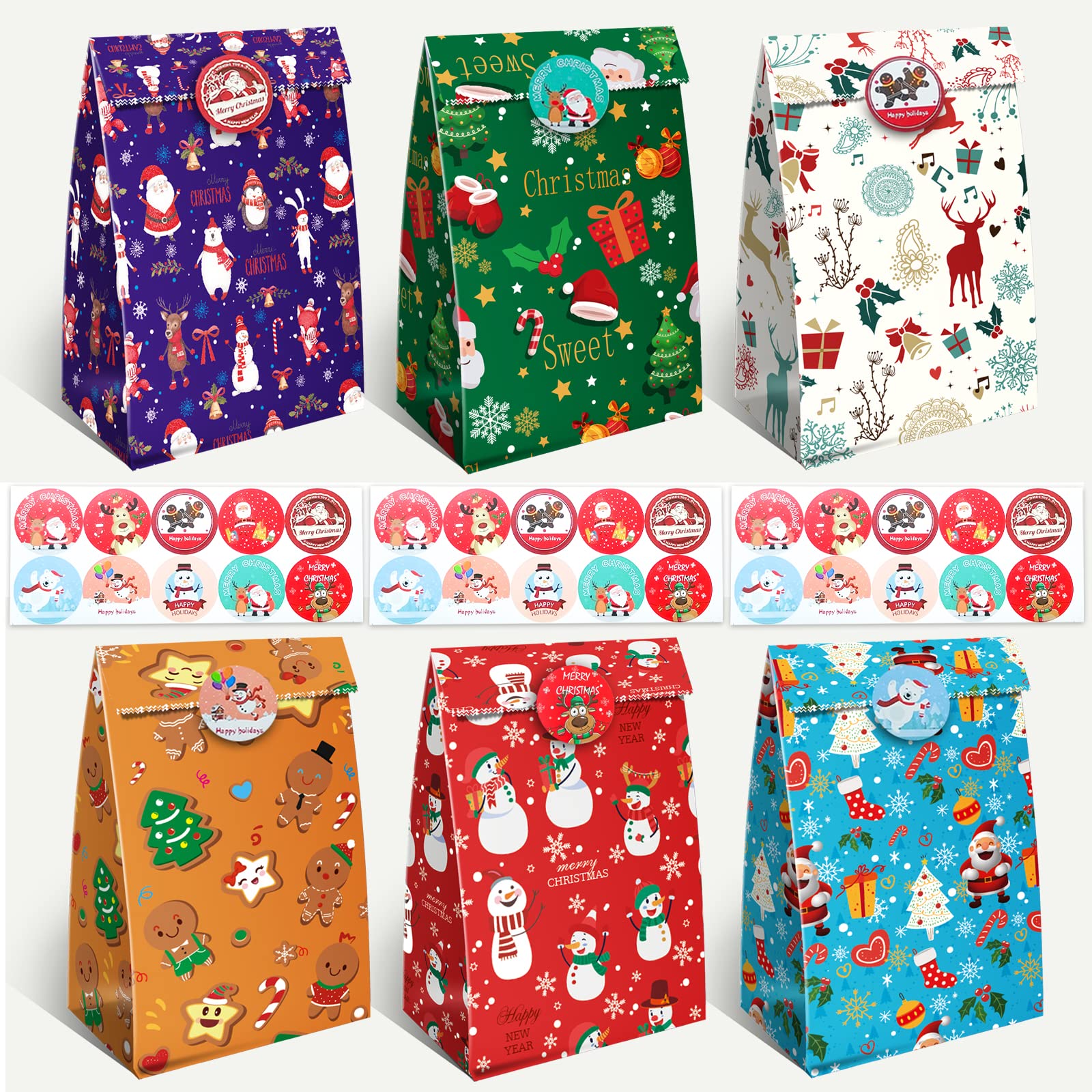 30 Pcs Christmas Paper Bags,Flat Bottom Party Bags,6 Christmas Elements Themed Design with 30 Pcs Stickers for Xmas Party, Birthday and Classroom