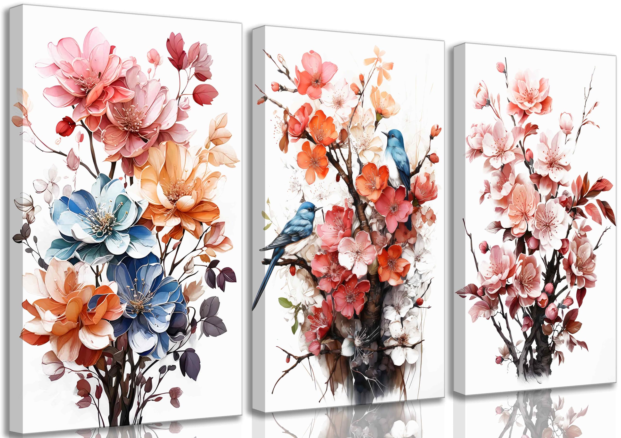 Photo 1 of 3 Pcs Modern Colorful Floral Canvas Wall art Pink And Blue Blooming Peach Watercolor Flowers Painting Picture Wall Decor Poster Print Artwork for Living Room Bedroom Dome Decoration