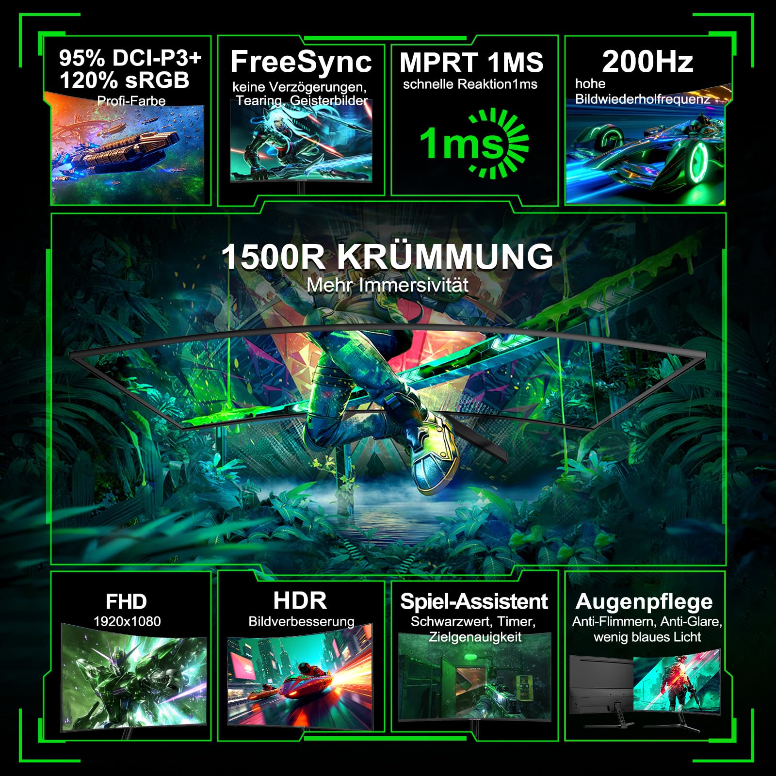 Minifire Gaming Monitor 27 Zoll Curved -200Hz, 1ms Reaktionszeit, VA Panel mit 130% sRGB, Lautsprecher integriert, 1920x1080 Full HD, Adaptive Sync, für PS5/PC Gaming, inklusive HDMI-Kabel (MFG27C1) 8