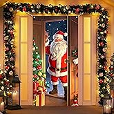 BlissYard Merry Christmas Door Cover 71x35 Inch Front Porch Door Banners Decoration Winter Santa Claus Waving at Gift Boxes Night Sky Stars for Party Indoor Decor