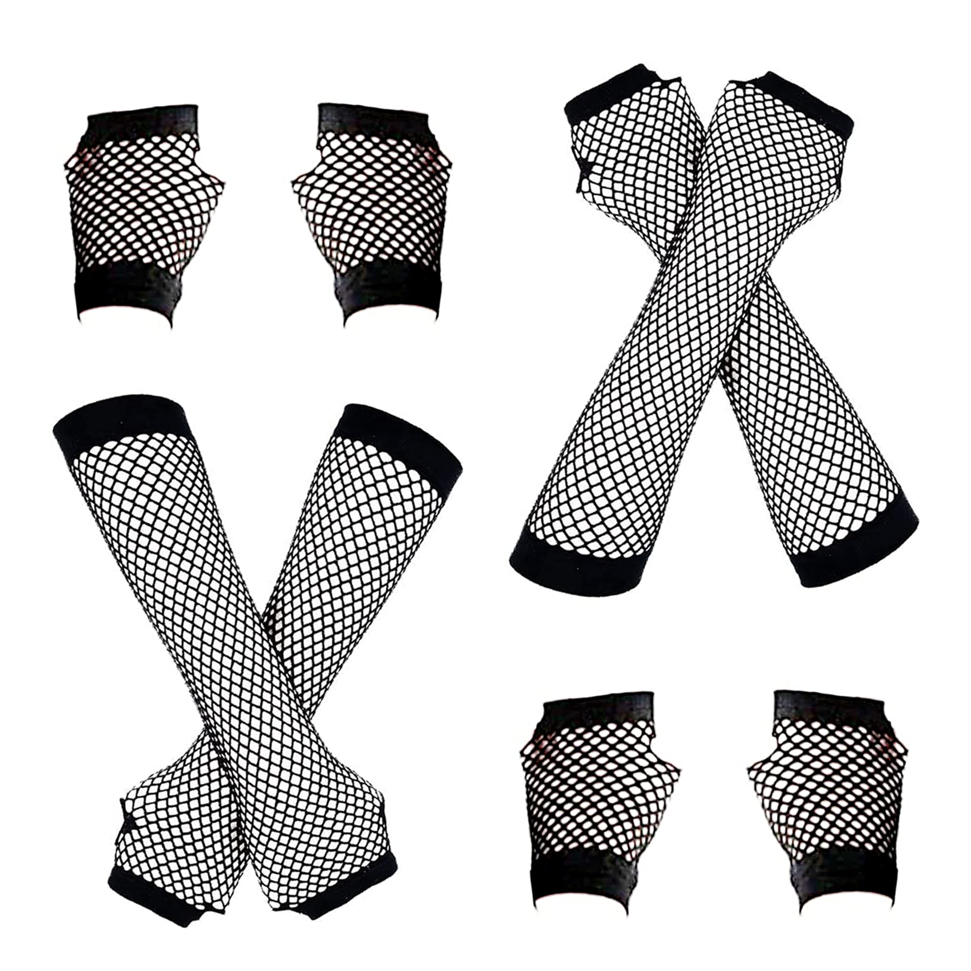 IRYNA 4 Pairs Fingerless Mesh Gloves - Black Fishnet, Long & Short, 80s Party Fancy Dress Accessories
