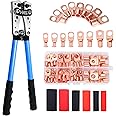 HKS Battery Cable Lug Crimping Tool 10-1 AWG, 60Pcs Copper Ring Terminals & 60Pcs 3:1 Heat Shrink Tubing, Heavy Duty Wire Crimper Set for Battery Cables