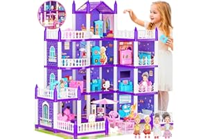 LUYE 4 Stories Dollhouse for Girls, DIY Doll House Accessories Playhouse with Furniture and 11 Rooms, Pretend Play House with Lights for Kids, Portable Building Dolls Playset Toys Kit Gift for Ages 6+
