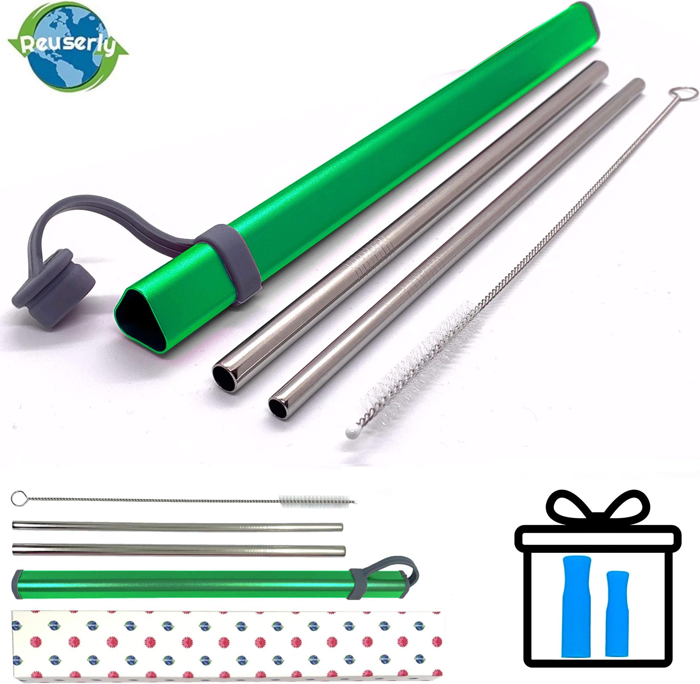 Reusable Stainless Steel Straws with Case - 2 Metal Straws - 6mm and 8mm Wide - Portable Aluminium Travel Case - Cleaning Brush - 2 Silicone Tips (Green)