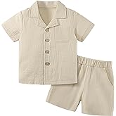 Weixinbuy Baby Boy Clothes Set Toddler Summer Outfit Cotton Linen Short Sleeve T-Shirt Top Pocket Button-Down Shirt Short Set