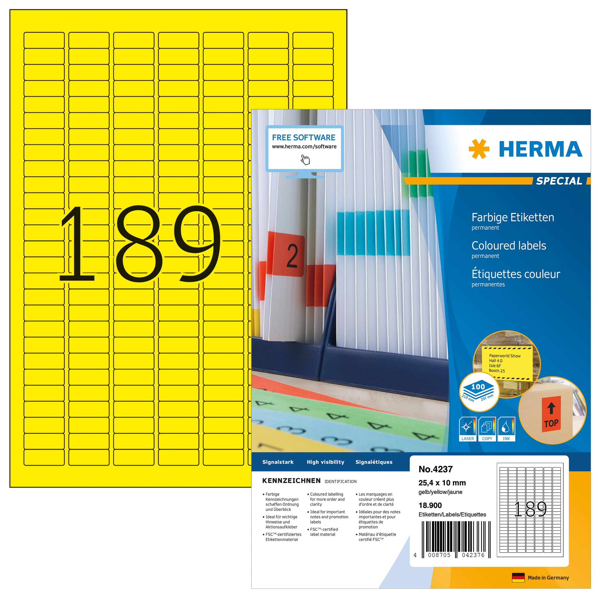 HERMA Self Adhesive Coloured Labels, 189 Labels per A4 Sheet, 100 Sheets, 25.4 x 10 mm, 18900 Labels, Blank Colour Labels Stickers, Sticky Labels for Laser & Inkjet Printer, Yellow