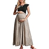 OUGES Women's Maternity Dress Ruffle Sleeve Patchwork Casual Summer Flowy Maxi Dresses with Pockets