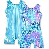 Nymphperi Girls Leotards for Gymnastics Size 5-6 Years Old 2 Pack Sparkle Blue Biketard with Shorts Shiny Green Purple Leopard Sleeveless Bodysuits