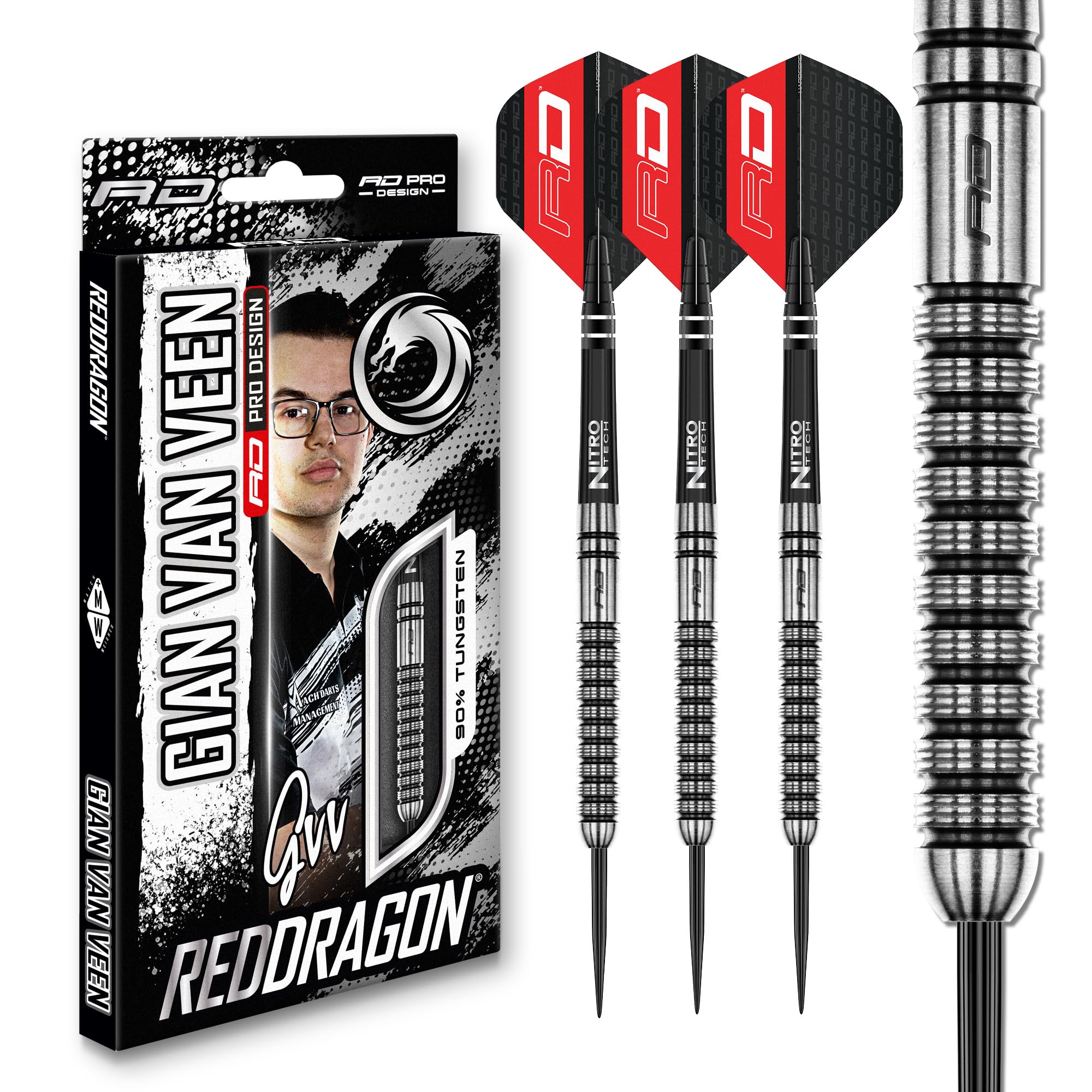 RED DRAGON Gian Van Veen 24 Gram Premium Tungsten Darts Set with Flights and Stems