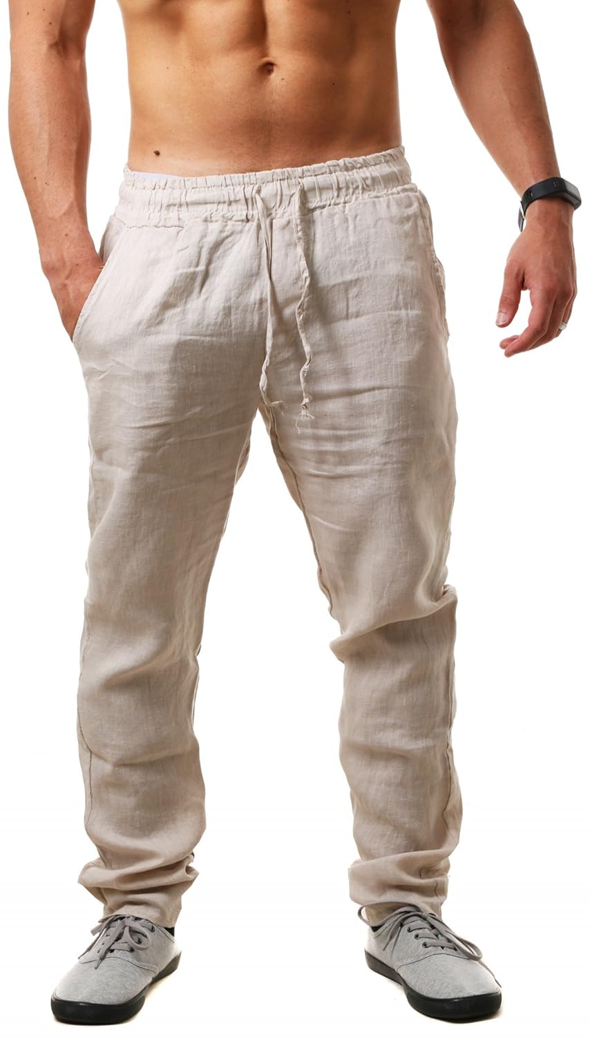 Young&Rich Herren Leinenhose Sommerhose 100% Leinen mit Kordelzug