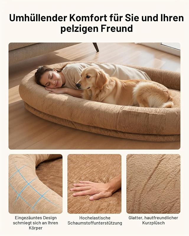 Hundebett für Menschen & Hunde, 177x123x24cm, Memory-Schaum-Hundebett in Menschengröße, mit Seitentasche, Griff & Reißverschluss, Abnehmbarer, maschinenwaschbarer Bezug, Kurzflor, braun