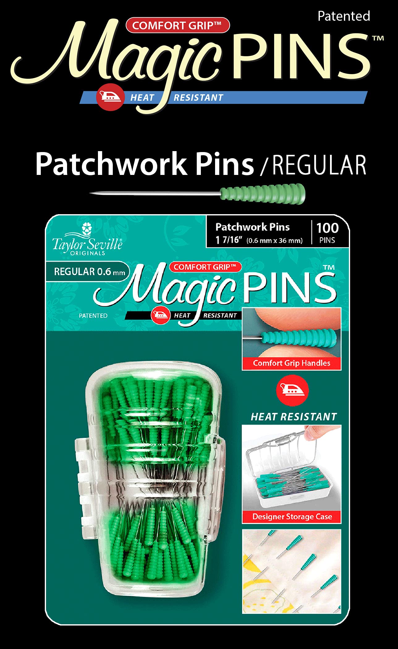 Taylor Seville Originals - Taylor Seville Originals Comfort Grip Heat Resistant Regular (0.6 x 36mm) Patchwork Magic Pins - 100 Pieces, Green