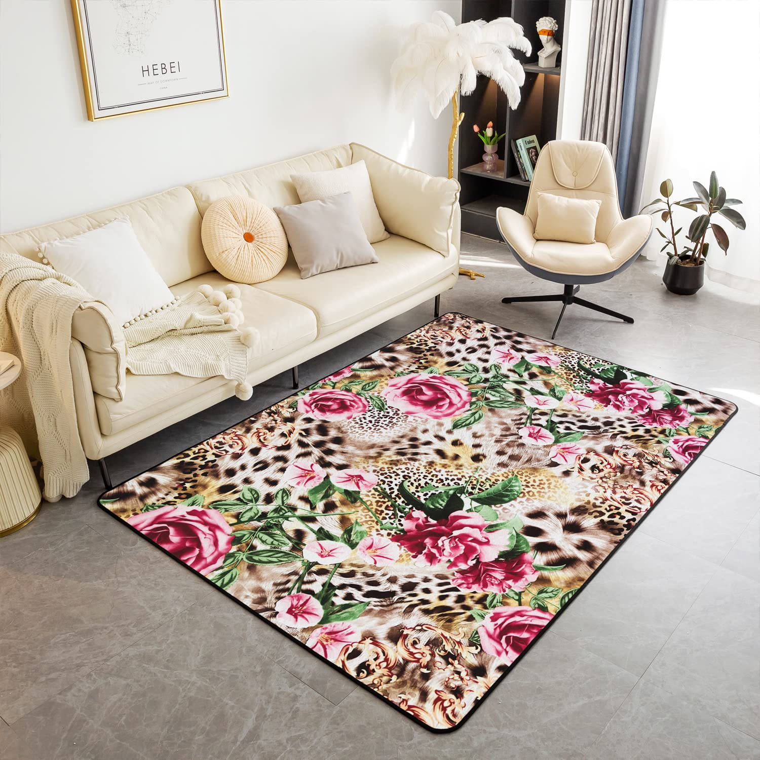 Homemissing Leopard Area Rug Kids Floral FLower Print Decorative Carpet Set Room Decorative Cute Cheetah Print Rugs for Living Room Safari Natural Theme Pink Indoor Floor Mat 100 * 150cm