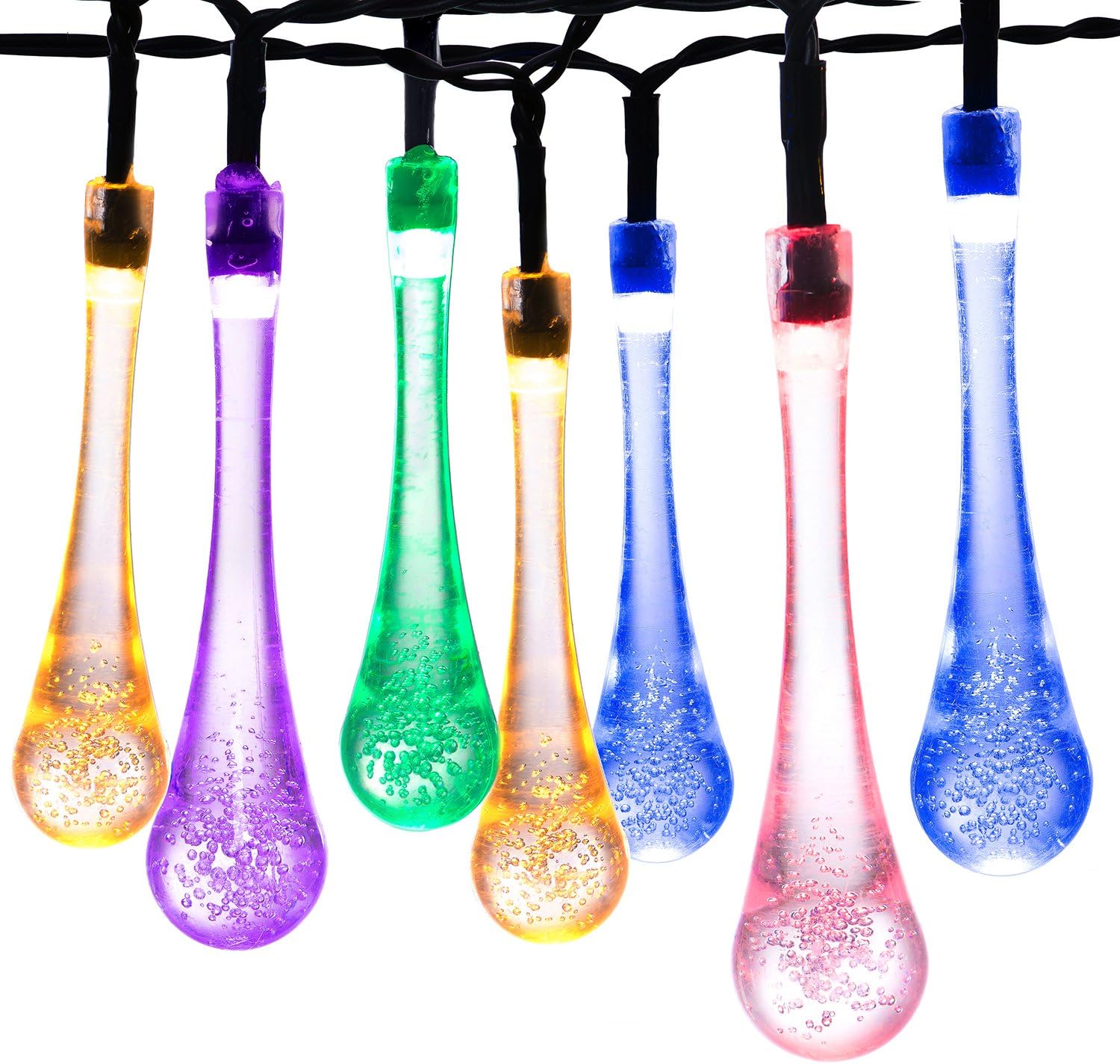 DecorNova 30-LED Solar Raindrop String Lights Waterproof for Outdoor Garden Party Christmas,20 Feet,Multi Color