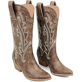 Zzheels Women Mid-calf Cowboy Boots Pointy Toe Boot Embroidered Western Cowgirl Boots Chunky Heels