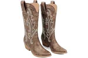 Zzheels Women Mid-calf Cowboy Boots Pointy Toe Boots Embroidered Western Cowgirl Boots Chunky Heels