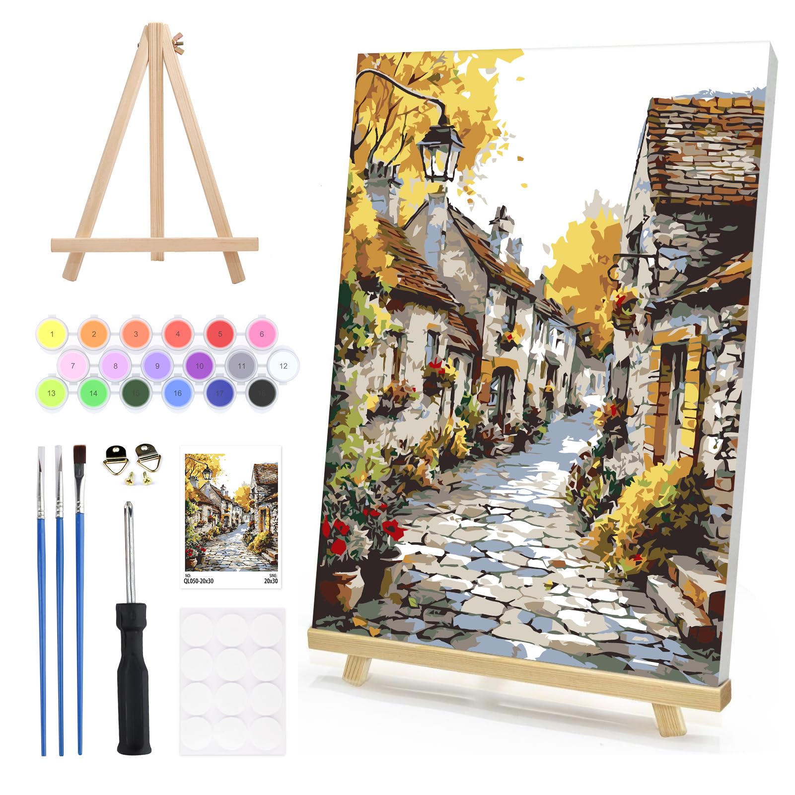 DAERLE Paint by Numbers for Adults Framed with Wooden Easel, Old Village Street, Paint by Number Kits with Brushes, Vintage Style, Oil Painting Canvas Kits for Home Wall Decor 8X12 Inch