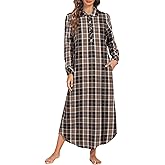 Ekouaer Women's Cotton Nightgown Long Sleeve Plaid Sleep Shirts Button Down Sleepwear with Pockets