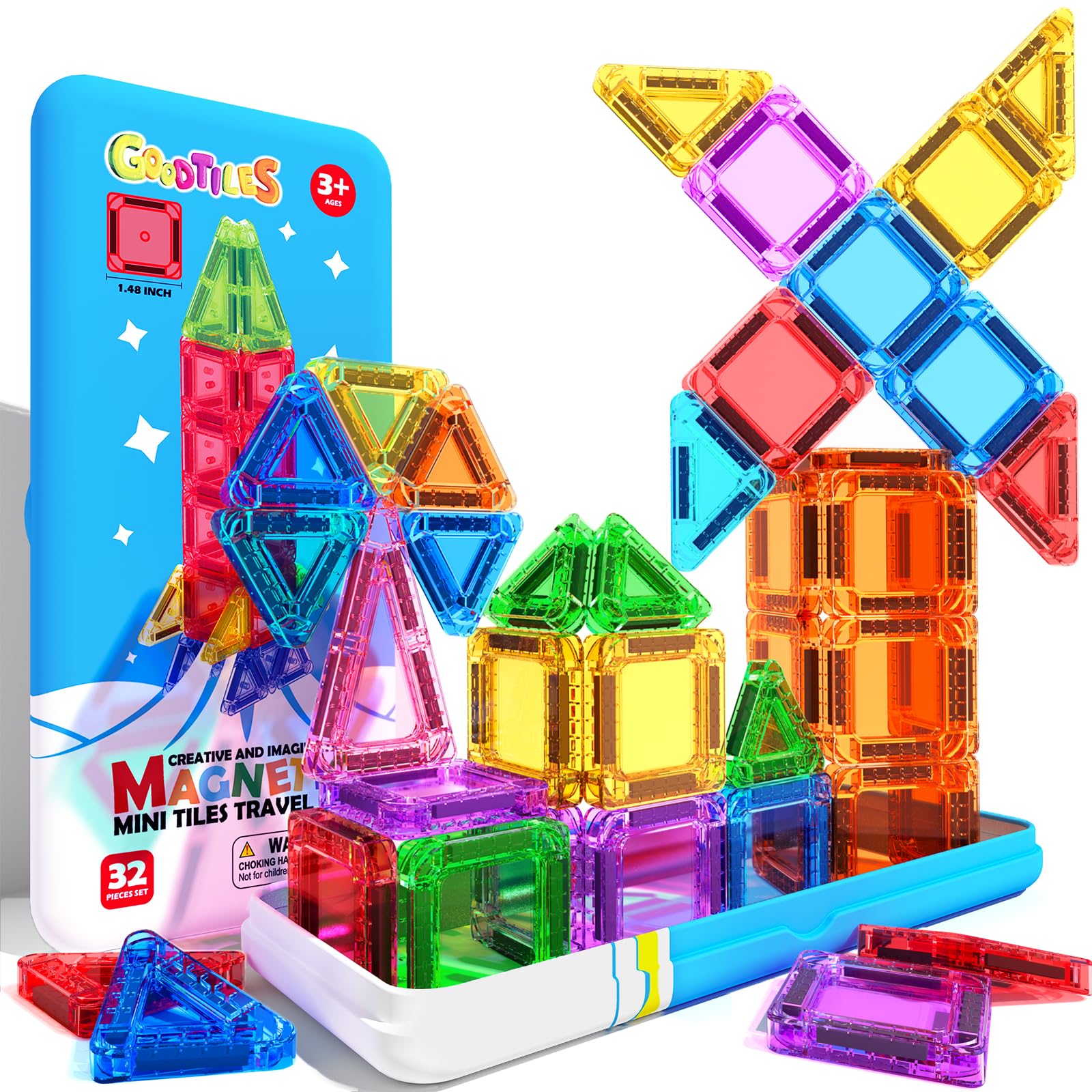 Goodtiles Mini Magnetic Tiles, Magnetic Travel Toys with Portable Tin, STEM Preschool Toddlers Toys for Kids Ages 3-5 4-8, Ideal Birthday&Christmas Gifts for 3+ Years Old Boys and Girls Image