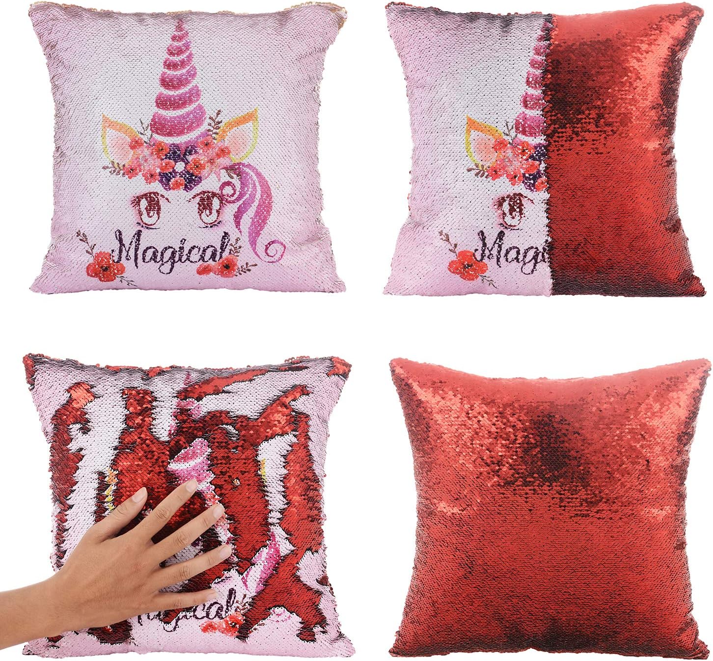 Merrycolor Mermaid Pillow Cover Unicorn Pillow Case Magic Reversible Sequin Pillow Cover Throw Cushion Case Decorative Pillowcase(Unicorn A -red Sequin)