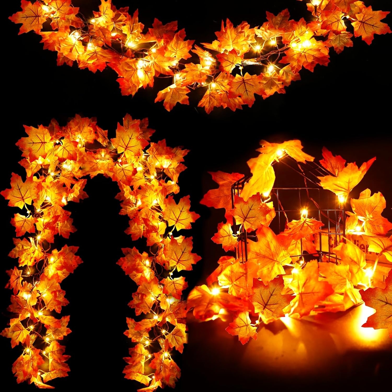 Wreaths, Garlands & Swags - [ Timer & Thicker Leaves ] 3 Pack Fall Garland Lights Fall Decoration Home Total 120 Leaves 60LED 30Ft Waterproof Battery Powered Two Leaves Paired with each Bright LED Halloween Thanksgiving Decor
