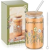 Mumufy Bestie Cups for Women 16oz Glass Drinking Cup with Bamboo Lid & Straw, Sweet Friendship Gifts for Bestie, Birthday Christmas Mothers Day Friendship Gift for Friend Soul Sister Mom BFF Coworker