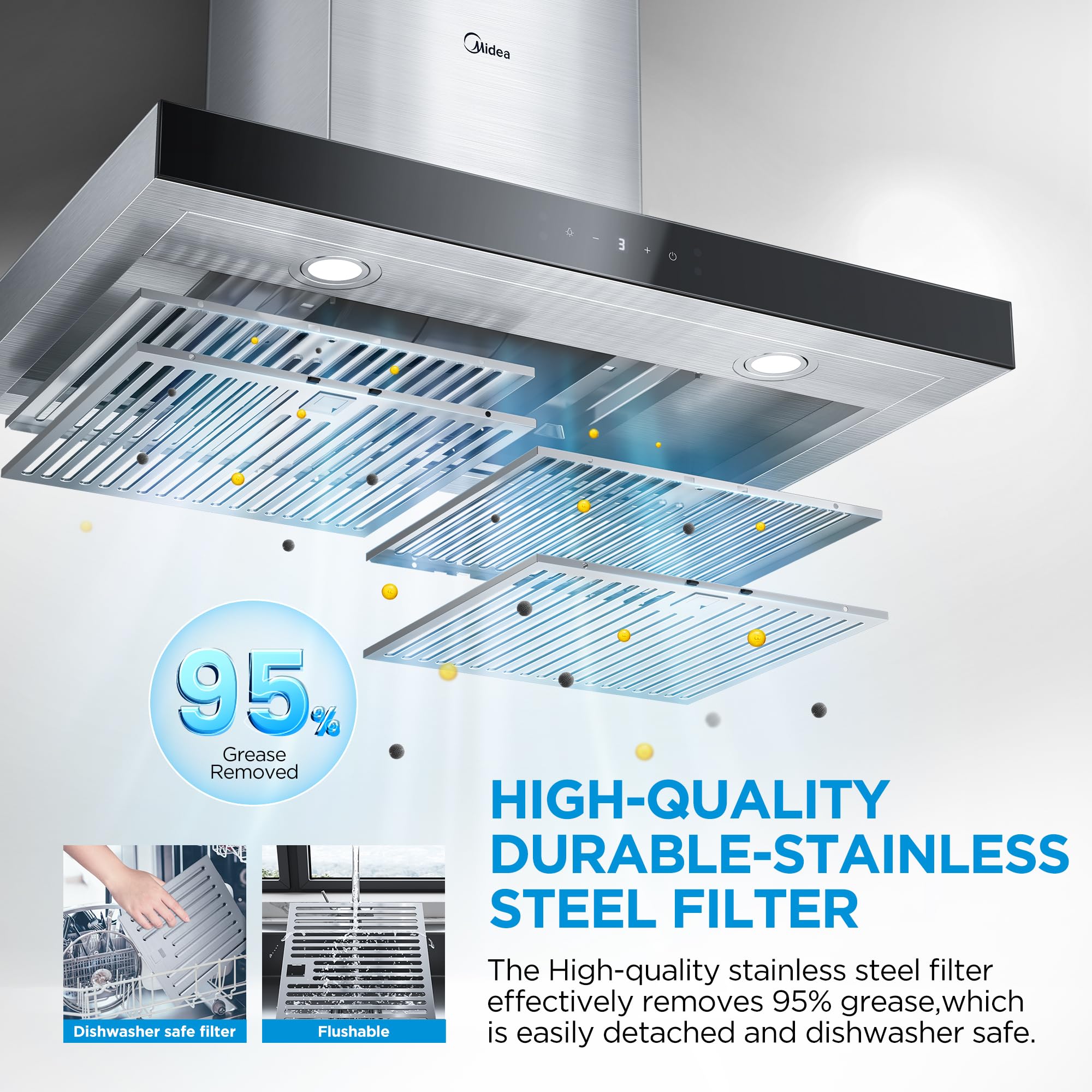 Midea MVT30W9AST Range 30 Inch 450CFM Vent T Shape Stove Hood with Stainless Steel Filters Kitchen Exhaust Fan, Ductless Convertible, Stainless Steel