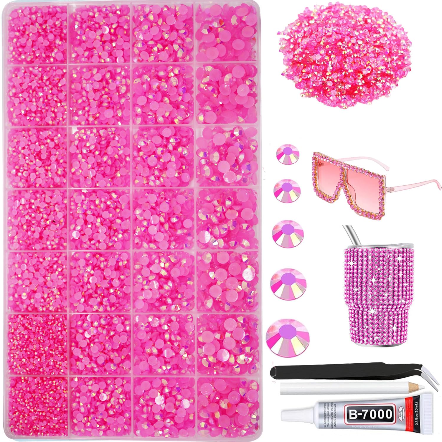Photo 1 of 22000pcs Resin Flatback Rhinestones for Crafting, Jelly Pink AB 2mm 3mm 4mm 5mm 6mm Beads, Non-Hotfix SS8 SS10 SS16 SS20 SS30 Gems for Bedazzling Kit with B7000 for DIY Art Crafts Decoration