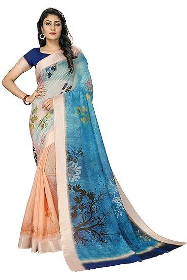 Womens Banarasi Linen Saree With Unstitched Blouse (Digital_Print_Saree101_Multicolored)