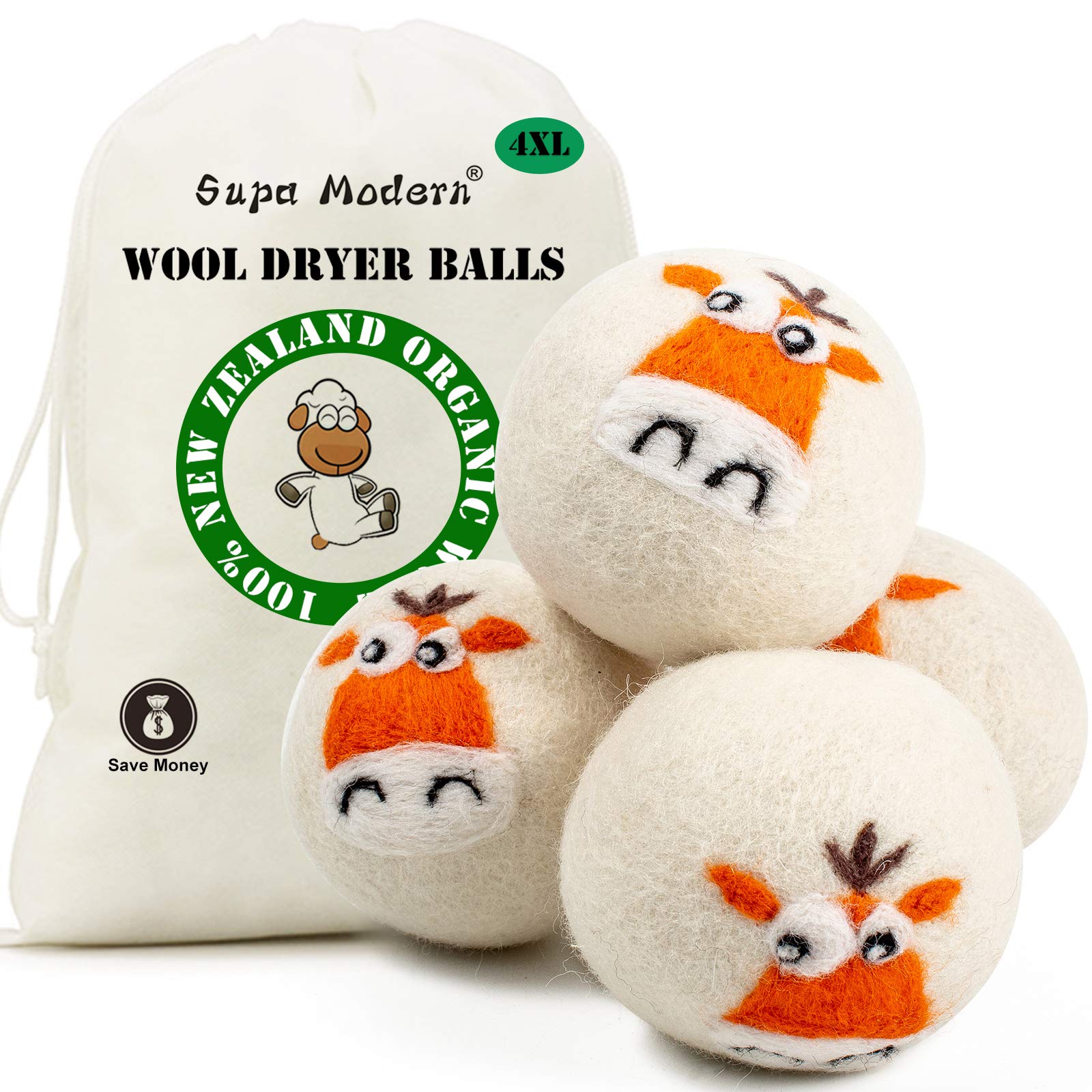 Handmade Wool Dryer Balls Organic XXL 4-Pack, Reusable Natural Fabric Softener, 100% New Zealand Wool, Shorten Drying Time, Chemical Free and Reduces Wrinkles