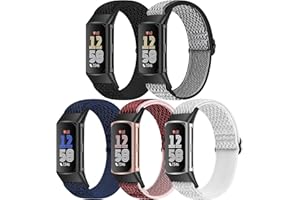 Bcuckood 5 Pack Elastic Nylon Watch Bands Compatible for Fitbit Charge 6/Fitbit Charge 5, Adjustable Breathable Replacement Stretchy Nylon Loop Wristband Sport Strap for Women Men