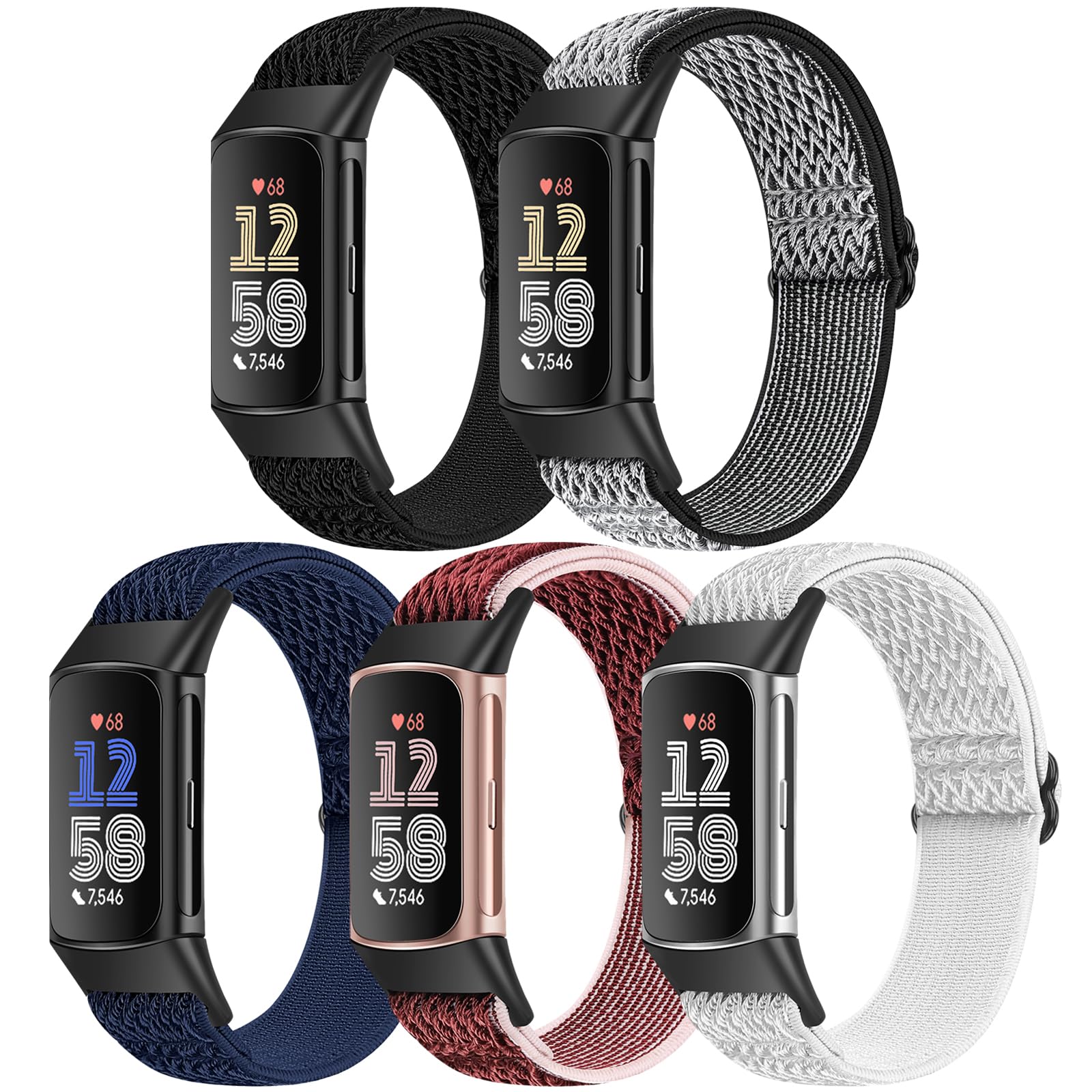 Photo 1 of Bcuckood 5 Pack Elastic Nylon Watch Bands Compatible for Fitbit Charge 6/Fitbit Charge 5, Adjustable Breathable Replacement Stretchy Nylon Loop Wristband Sport Strap for Women Men