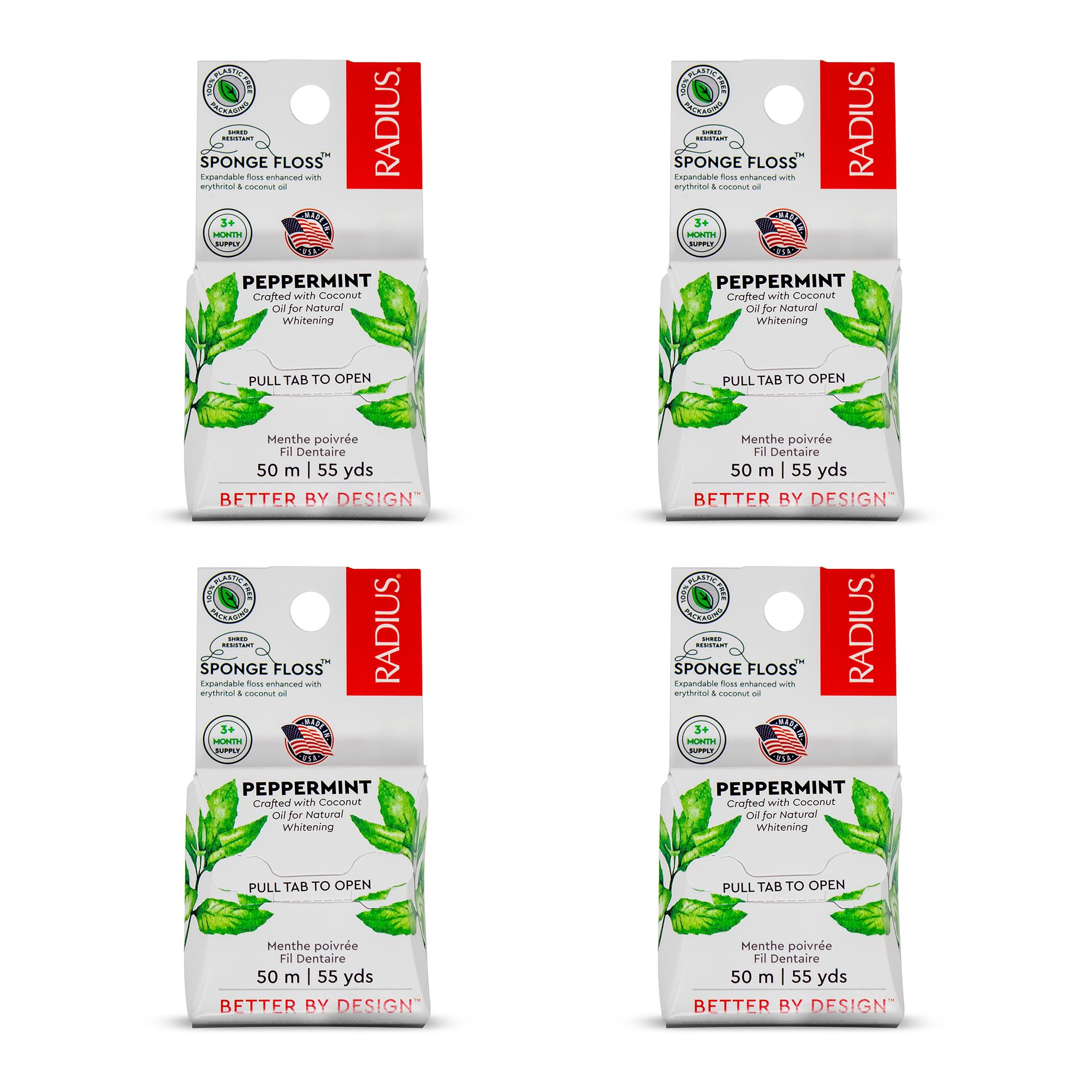RADIUS Peppermint Dental Floss 55 Yards Vegan & Non-Toxic Oral Care Boost & Designed to Help Fight Plaque Clear - Pack of 4