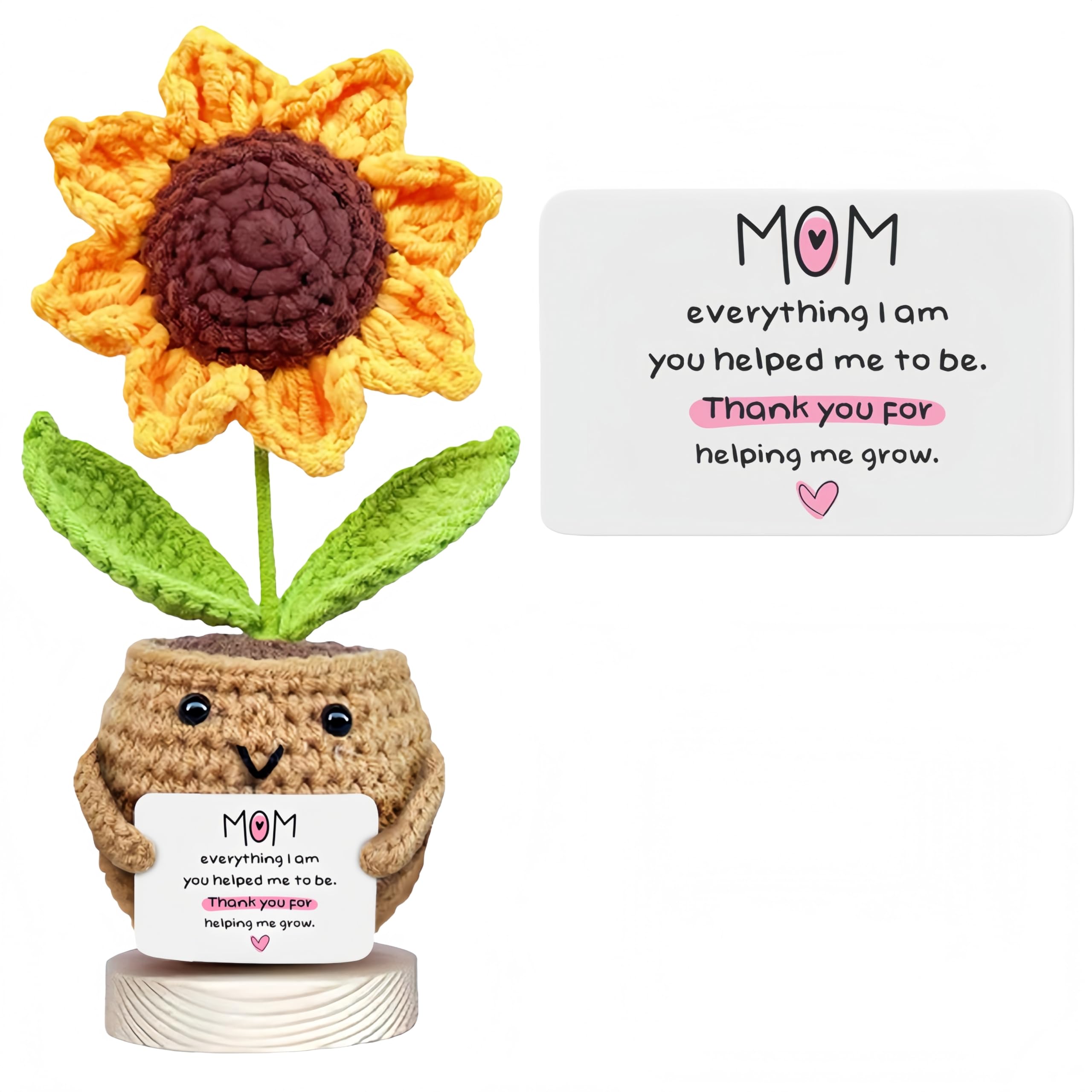 ALUNME Sunflower Crochet Doll with Inspirational Card, Handmade Thank You for Helping Me Grow Gift for Mother's Day, Birthday, Christmas