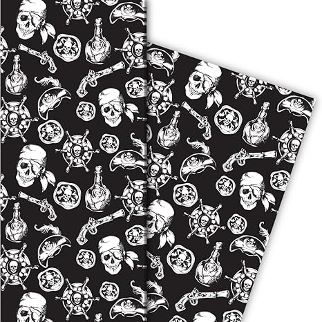 Cooles Piraten Geschenkpapier mit Totenkopf und Co, schwarz, für tolle Geschenk Verpackung und Überraschungen (4 Bogen, 32 x 