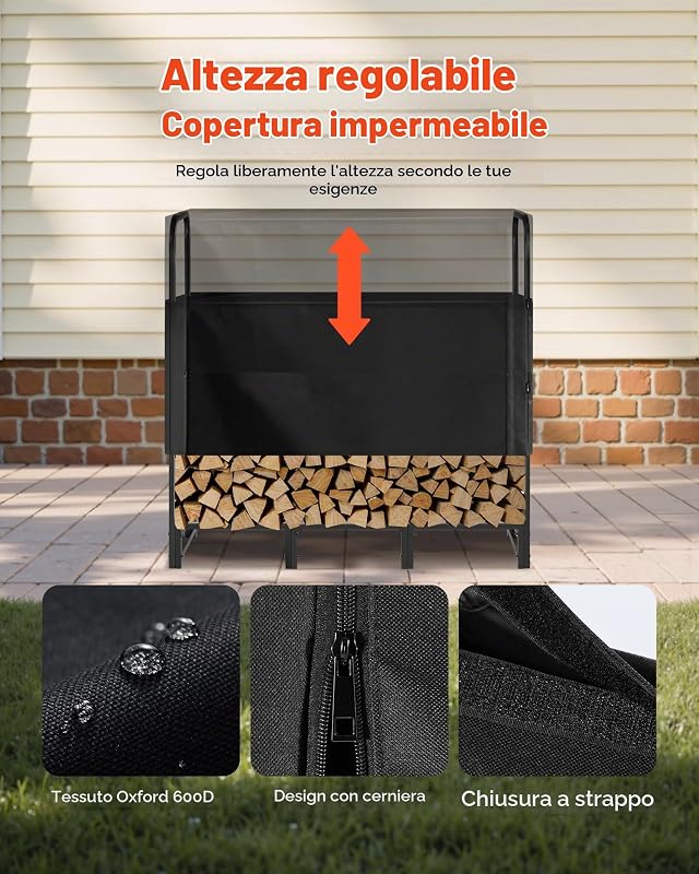 Portalegna con Copertura Impermeabile, Portalegna in Metallo per Esterni, 1220 x 320 x 1180 mm, Carico Massimo 181,4 kg, Copertura Parziale, Verniciato a Polvere, per Patio, Veranda