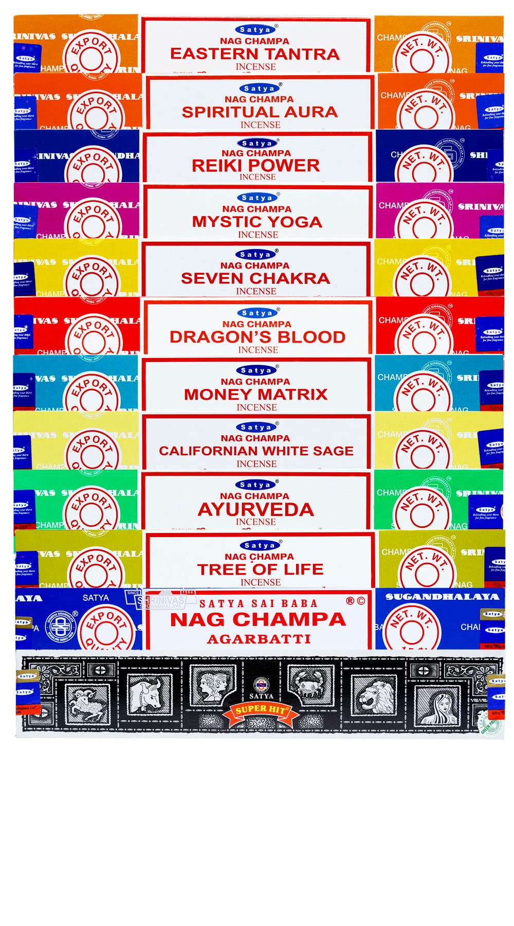 Satya Nag Champa 01202 Variety Incense Sticks Set - 12 Packs x 15 Gms