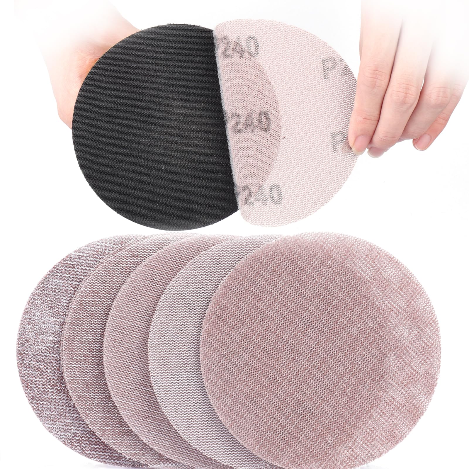 Sruhrak 125mm Mesh Sanding Discs, 50 PCS Net Sandpaper 80/120/180/240/400 Grits Hook and Loop Sanding Pads for Drywall Sander Efficient Dust Removal Random Orbital Sander Polishing