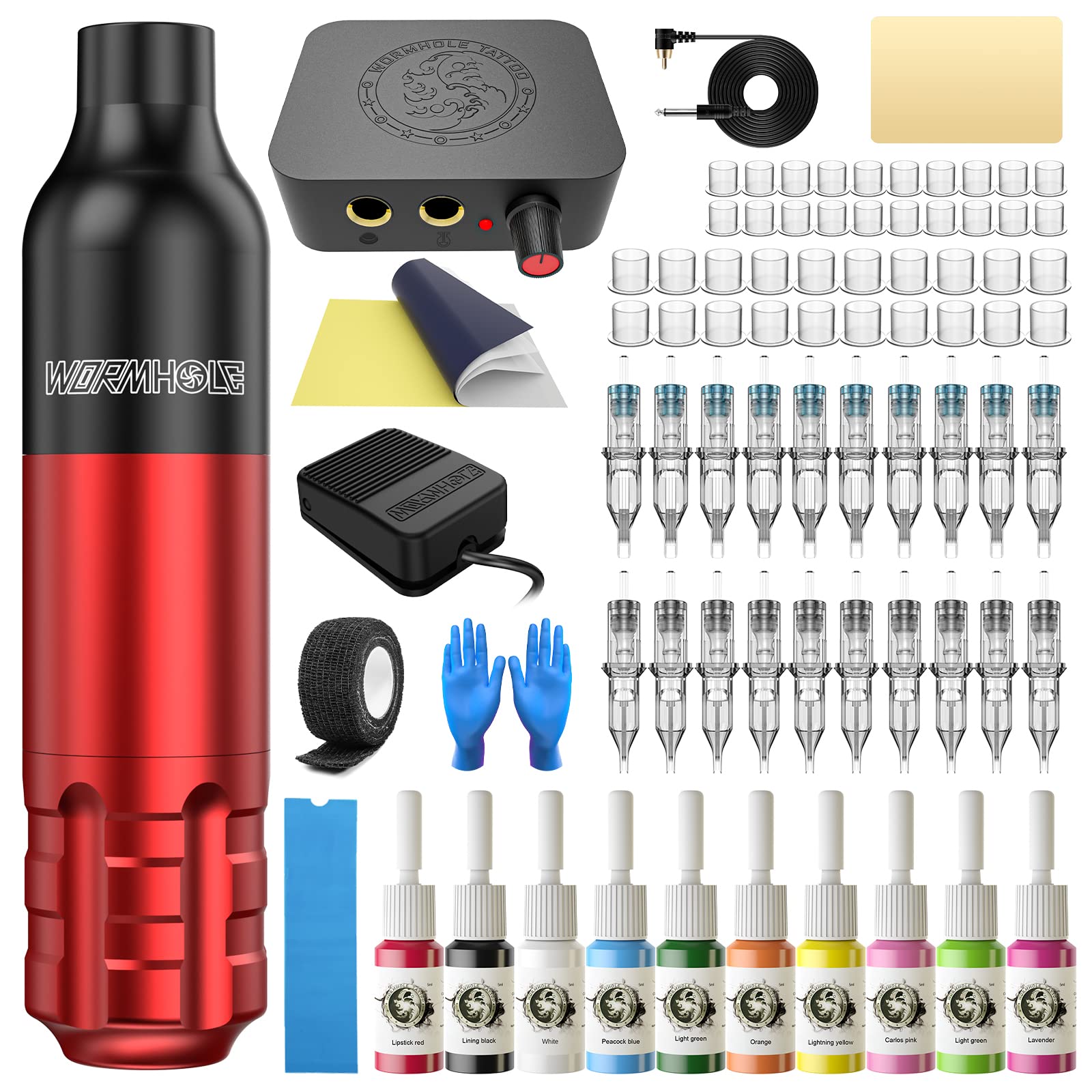Photo 1 of Tattoo Kit Wormhole Tattoo Machine Kit Tattoo Gun with 10 Inks 20 Cartridge Needles, Power Supply Tattoo Machine for Beginners WTK141
