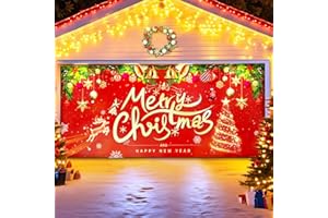BHYHOK 7 x 16 ft Christmas Garage Door Banner Decorations, Large Merry Christmas Backdrop Back Wall for Party Holiday Decor Covers Indoor Outdoor Double Garage Door with 12 Rings Holes and Strong Strings