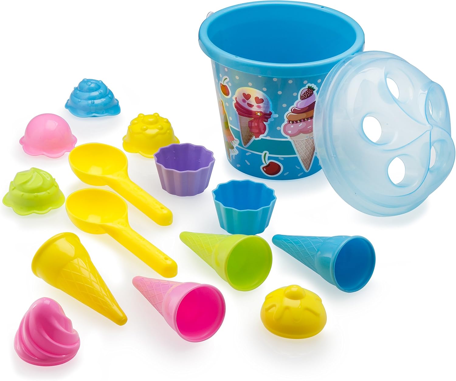 Top Race Beach Toys, Sand Toys, 16 Piece Ice Cream Mold Set for Kids 3-10 with Large 9" Beach Toy Bucket Pail for Kids and Toddlers (Blue): Toys & Games