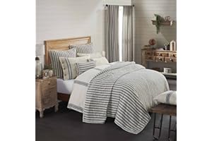 PIPER CLASSICS Market Place Gray California King Quilt, 100% Cotton Quilted Bedspread with Gray Ticking, Hand Quilted Grain Sack Bed Spread Bedding for Boho, Shabby Chic and Rustic Farmhouse Decor (103”x103”)