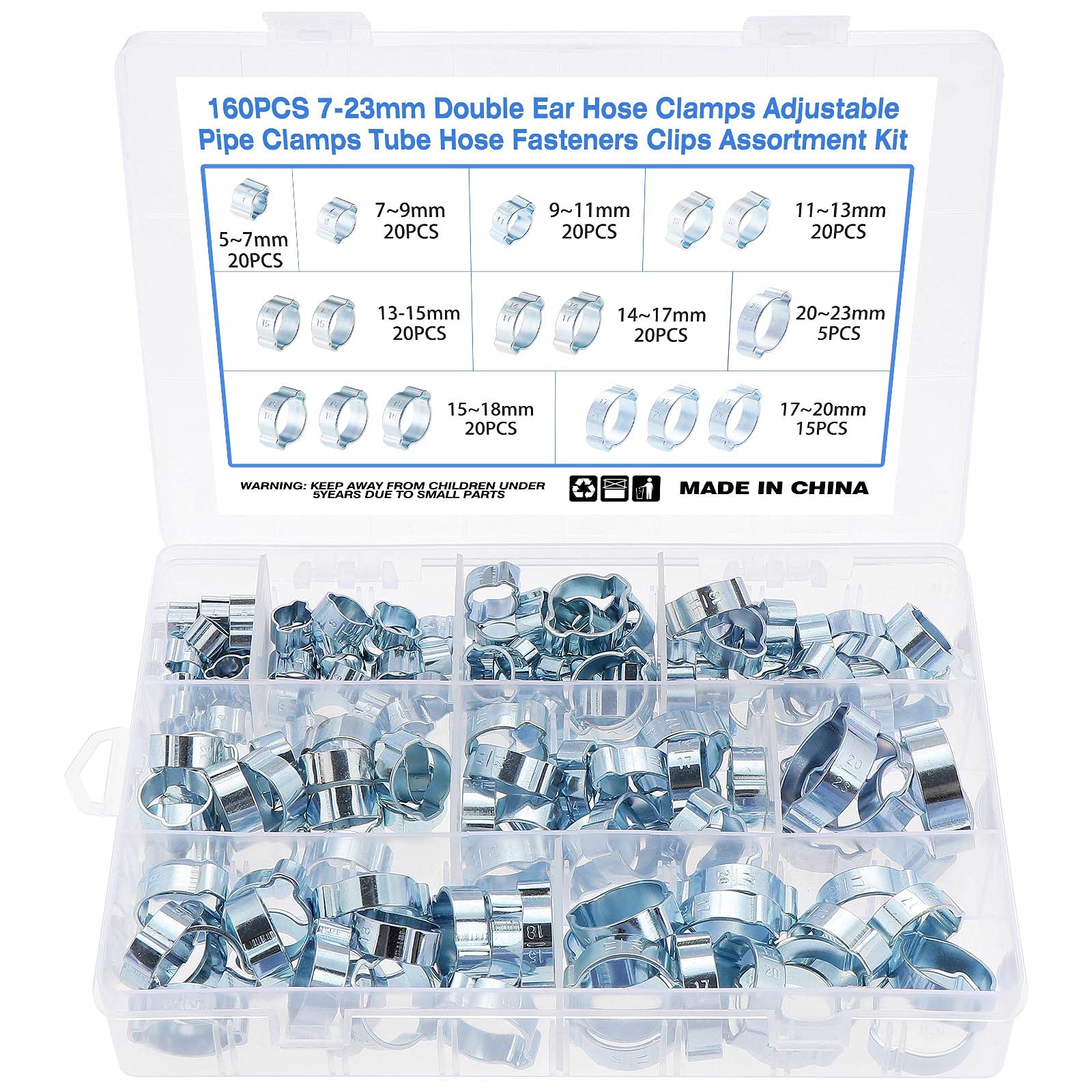Faankiton 160 Pieces 5-23mm Zinc-Plated Double Ear Hose Clamps Adjustable Hose Clamps Tube Clips Assortment Kit 9 Sizes