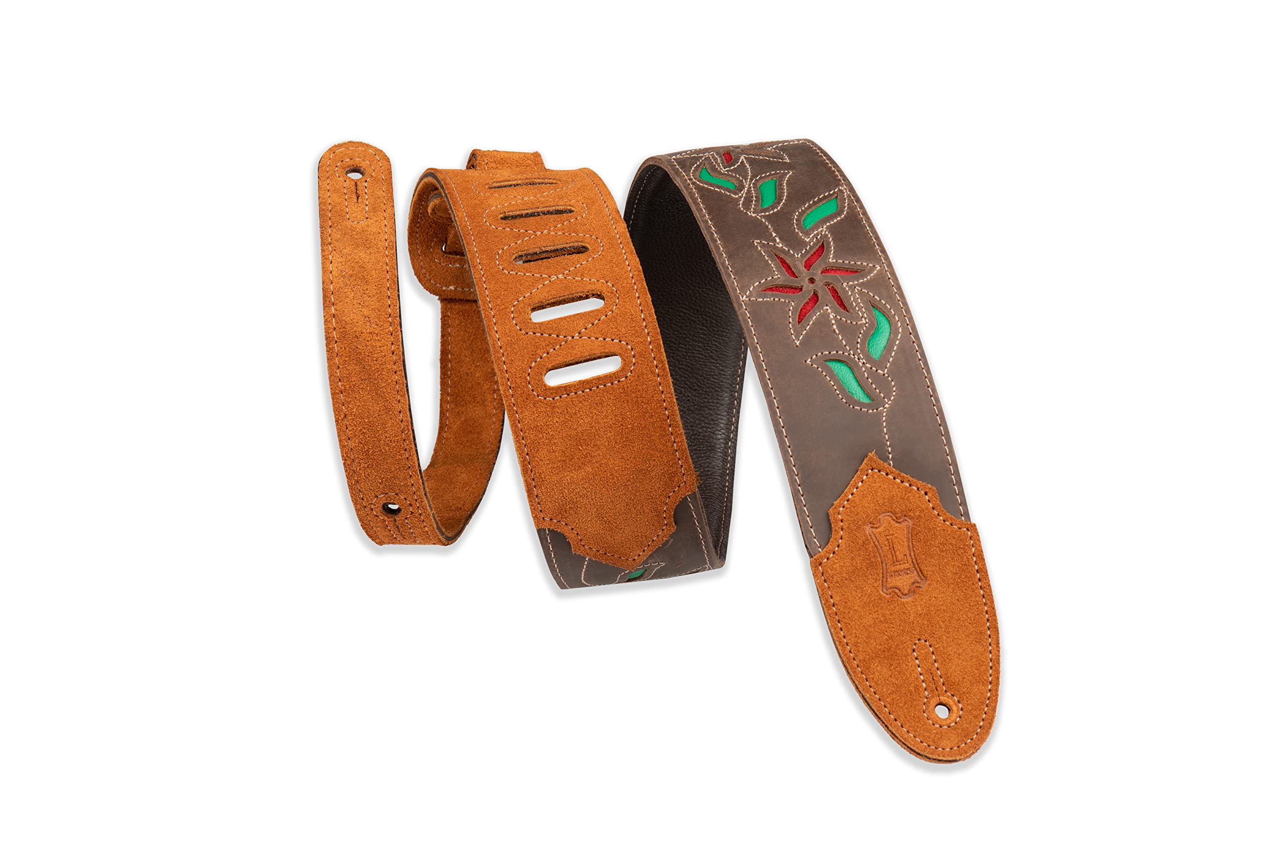 Levy's Flowering Vine Brown Leather Guitar Strap - Red Flowers Green Leaves