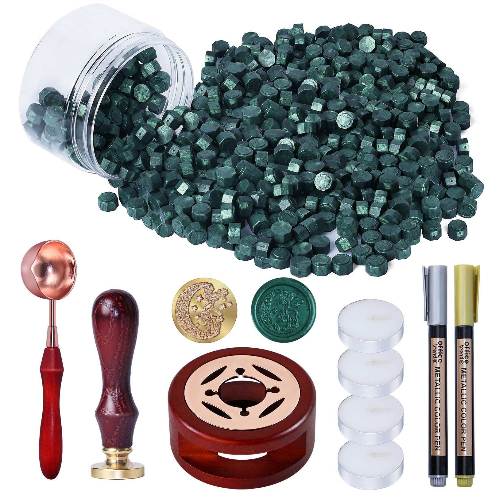 WEWINK PLUS 250 PCS Seal Stamp Kit, Green Wax Beads With Deer Stamp, Warmer, Spoon, Tea Candles, Metallic Pen for Seals, Gifts, Invitations, Envelopes, Crafts